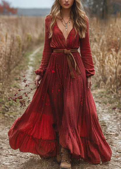 Red V Neck Wrinkled Patchwork Cotton Dress Long Sleeve