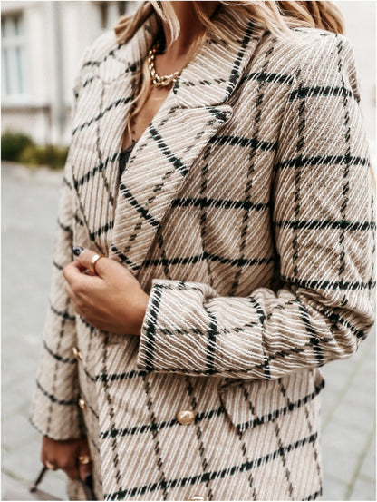Coats Check Double Breasted Long Sleeve Woolen Coat
