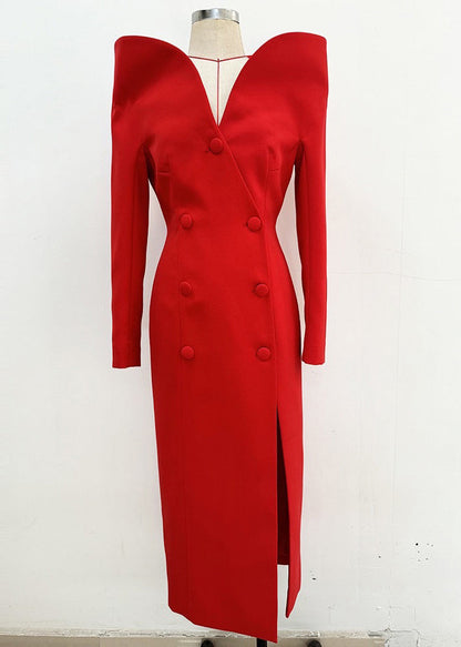 Boutique Red Slash Neck Double Breast Side Open Dress Fall