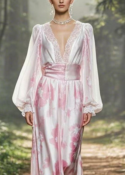 Pink Print High Waist Silk Dress Lantern Sleeve
