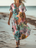 Women's Art Painting Hippie Retro Print V-Neck Short Sleeve Dress