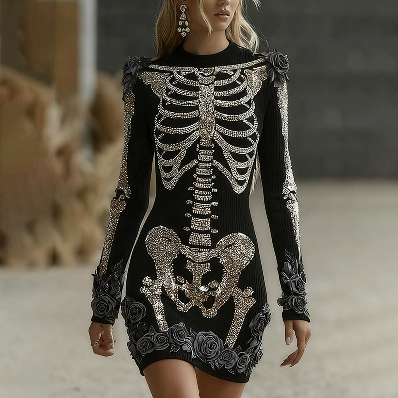 Comstylish Women's Halloween Skeleton Bones With Glitter And Rose Art Cozy Knit Mini Sweater Dress