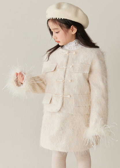 Beige O-neck Patchwork Parka and Skirts Two Pieces Set Spring