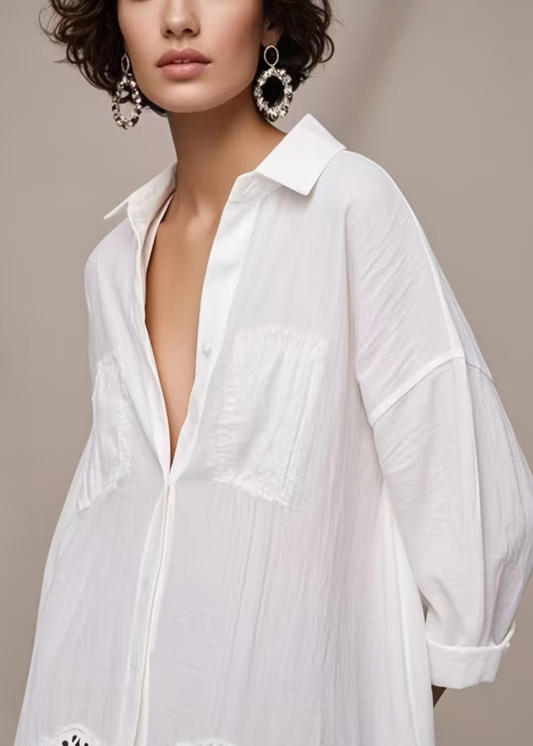 Simple White Oversized Hollow Out Cotton Shirt Top Spring