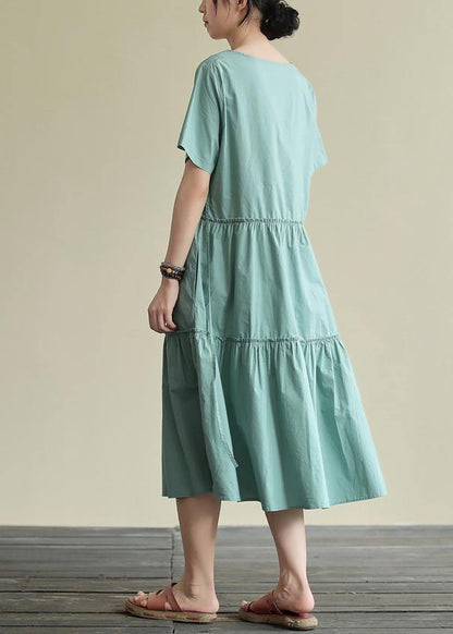 100% O Neck Drawstring Cotton Summerdresses Fabrics Green Art Dresses