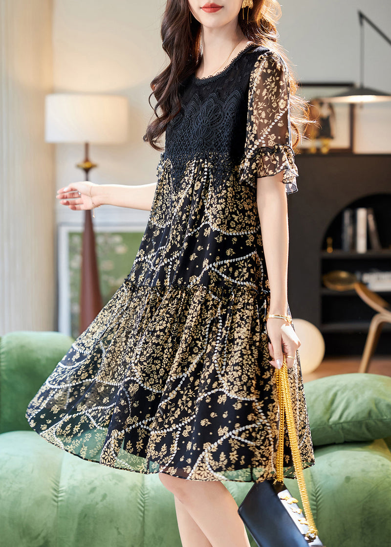 Black O Neck Lace Patchwork Print Chiffon Dress Summer