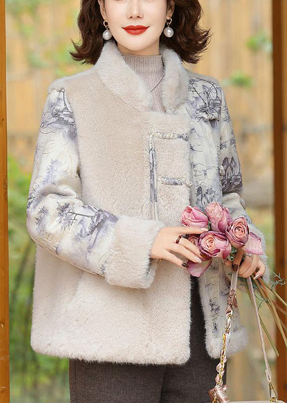Beige Button Patchwork Mink Velvet Coats Winter