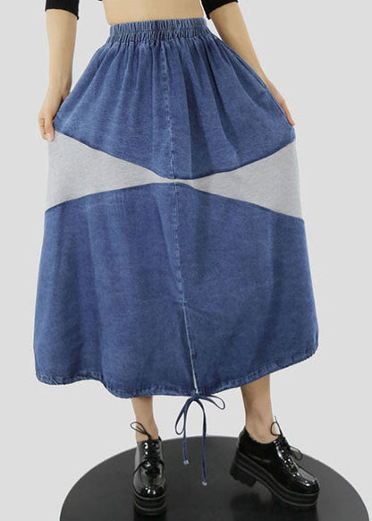 Blue White Elastic Waist Drawstring Patchwork Denim Skirt
