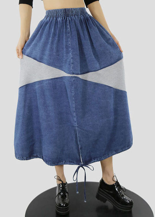 Blue White Elastic Waist Drawstring Patchwork Denim Skirt