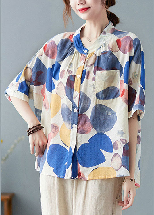 Blue Stand Collar Button Print Fall Half Sleeve Shirt Top