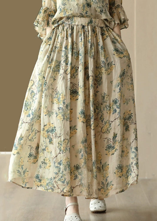 Yellow Wrinkled Pockets Print Patchwork Linen Skirt Summer