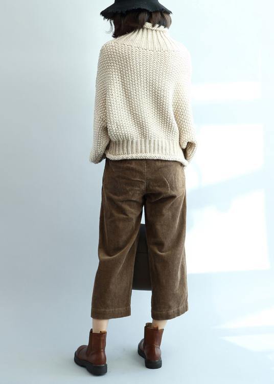 Beige Knit Tops High Neck Lantern Sleeve Knit Tops