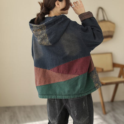 Padded Thick Loose Colorblock Denim Jacket