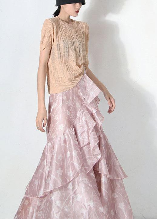 Pink Print Summer Ruffles Low High Design Skirt