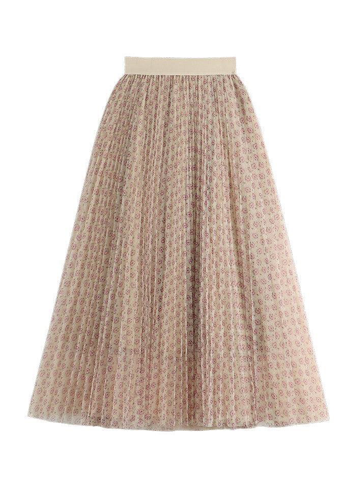 Purple Print Wrinkled Elastic Waist Tulle Pleated Skirt Summer
