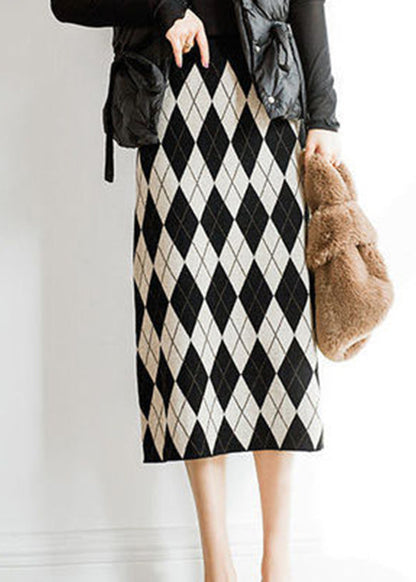 Italian Black Plaid Elastic Waist Knit a Line Skirt Fall