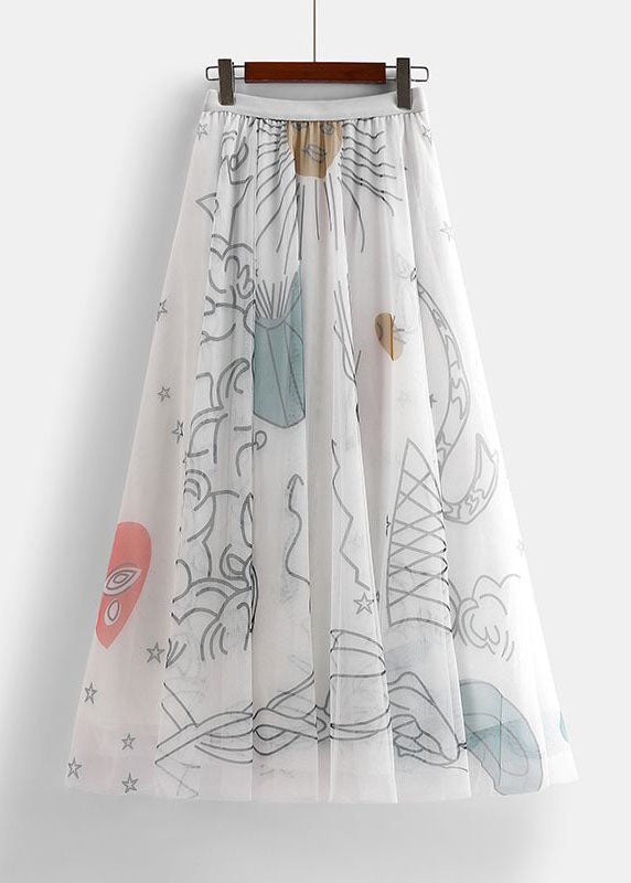 White Elastic Waist Print Tulle Holiday Skirts Spring