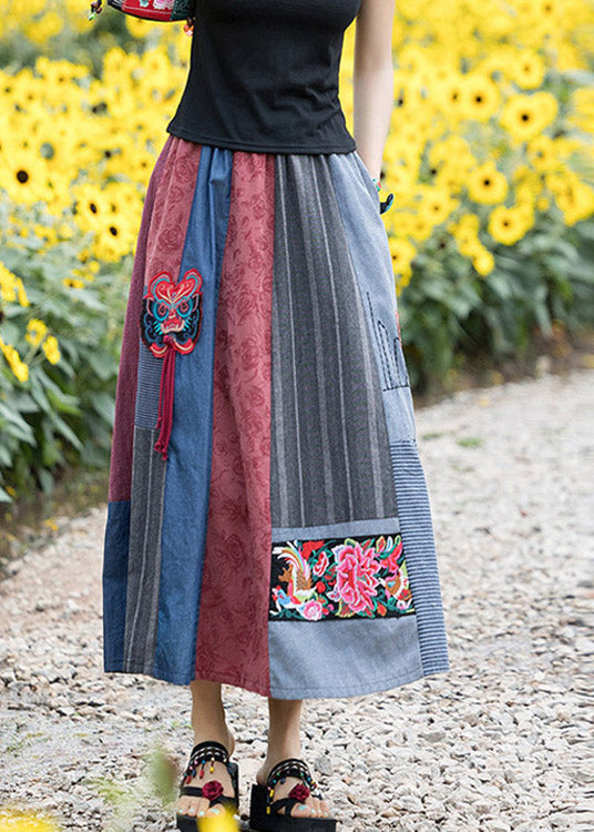 Novelty Navy Blue Print Patchwork Embroideried Tassel High Waist Maxi Skirts