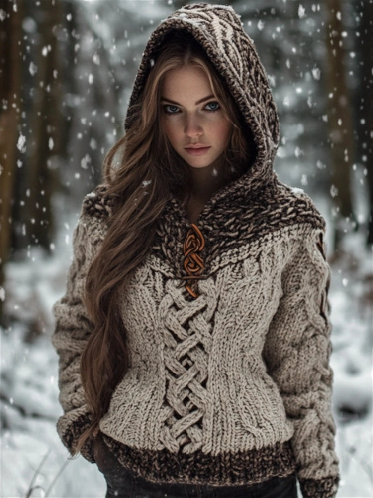 Vintage Tribal Celtic Knot Contrast Color Hooded Chunky Sweater artswardrobe
