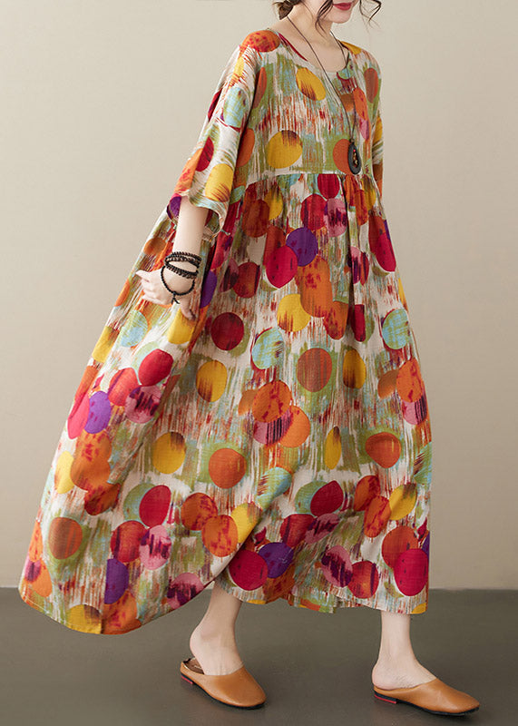 Red O-neck Print Cozy Long Dress Summer