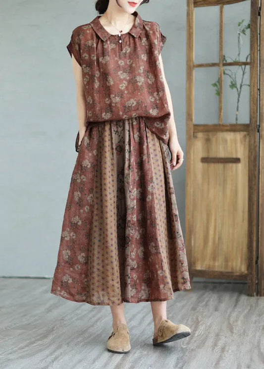 Handmade Peter Pan Collar Print Linen Shirts and Maxi Skirts Two Pieces Set Summer