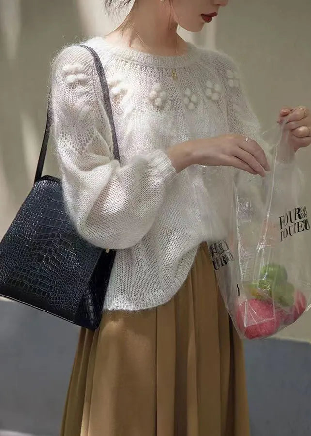 French White O Neck Hollow Out Patchwork Knit Sweaters Long Sleeve