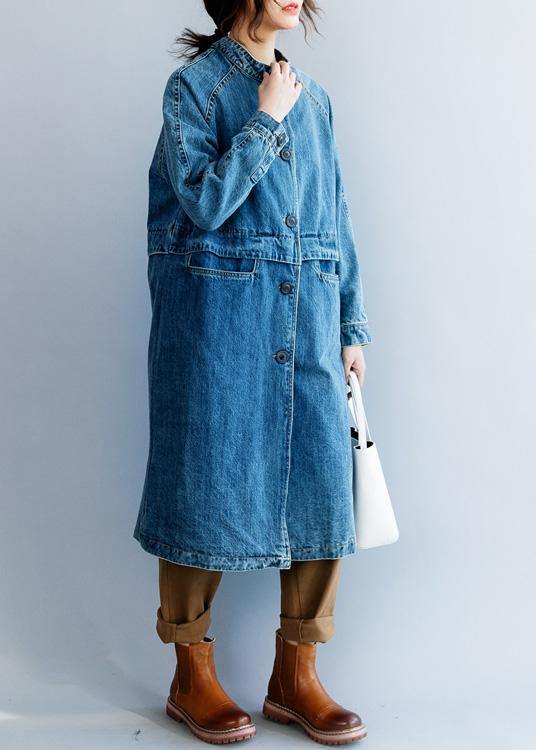 Light Blue Fine Tunic Coat Tunic Tops Stand Collar Patchwork Coat