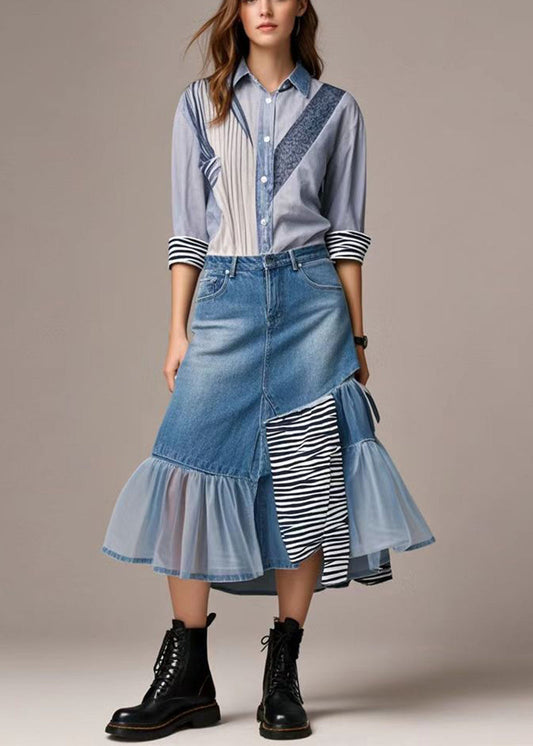 Blue Asymmetrical Patchwork Tulle Denim Skirts Spring