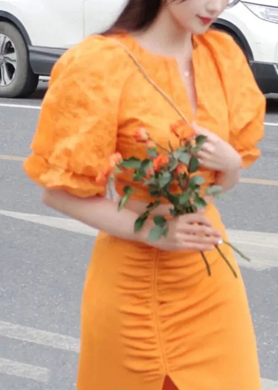 Art Orange V Neck Print Top and Skirts Two Pieces Set Lantern Sleeve