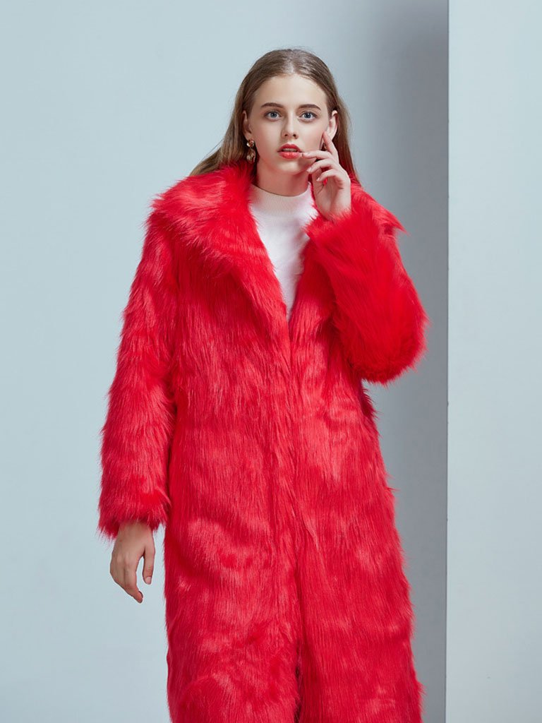 Faux Fur Coat V Neck Long Sleeve Maxi Winter Coat
