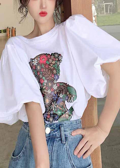 White Bear Print Cotton Tank Tops Puff Sleeve