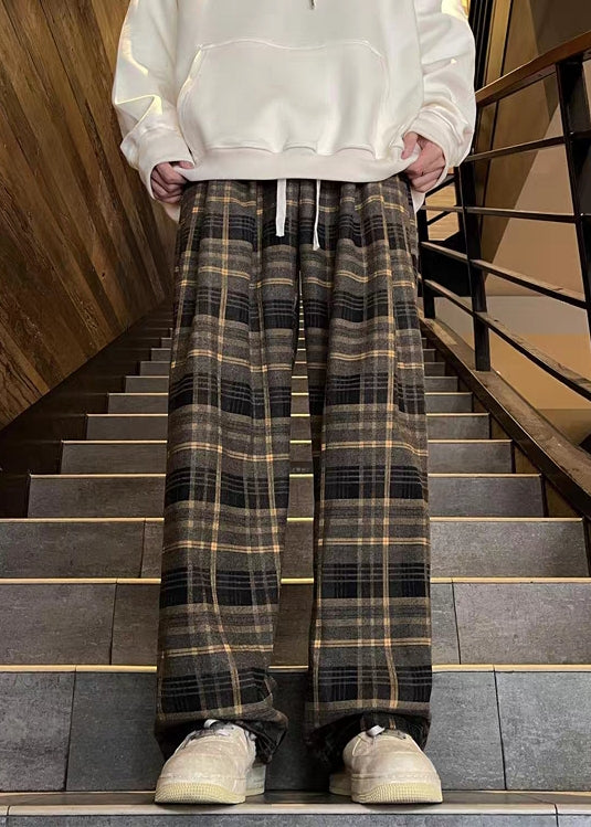 French Red Plaid Elastic Waist Warm Fleece Pants Winter