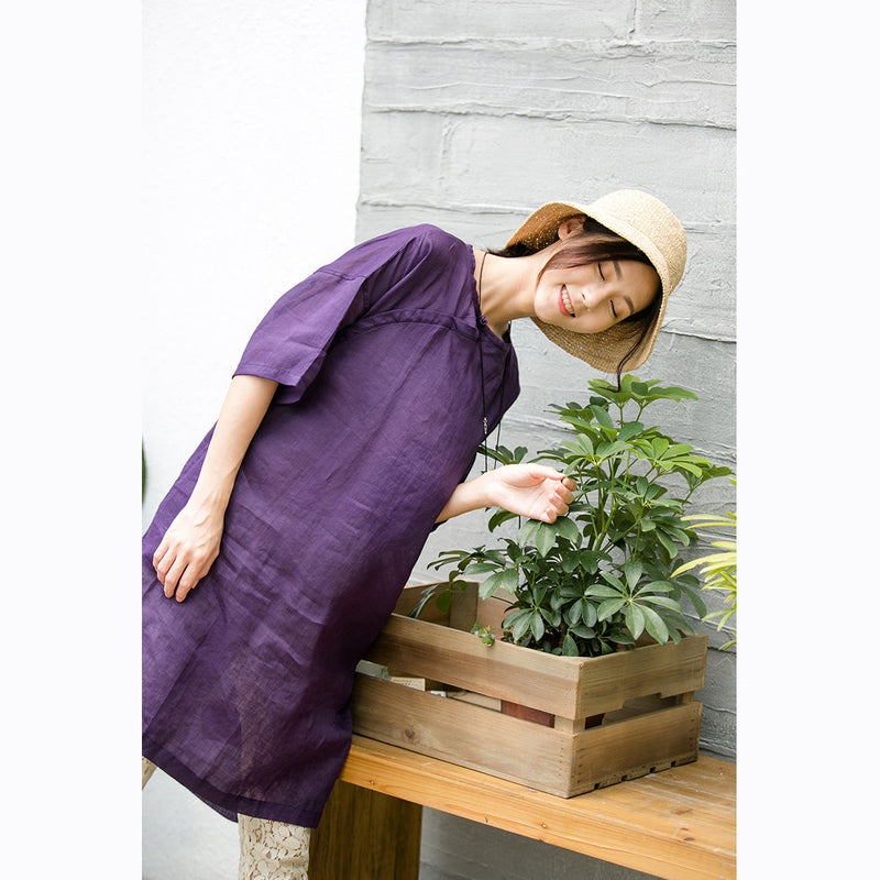 Purple Natural Cotton Linen Dress Oversize Traveling Clothing Fine Short Sleeve O Neck a Line Skirts Cotton Linen Dress