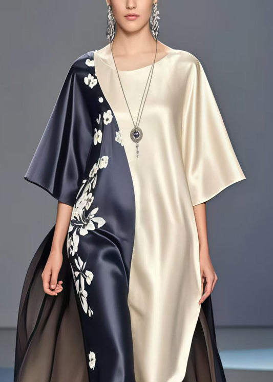 Colorblock Print Exra Large Hem Silk Long Dresses Summer