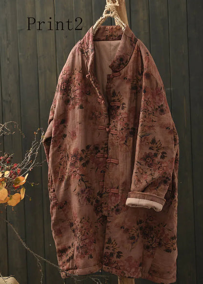 Stand Collar Print Oriental Button Fine Cotton Filled Coat Spring