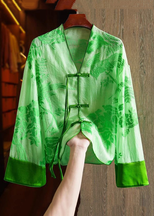 Loose Yellow V Neck Embroidered Button Silk Shirts Spring
