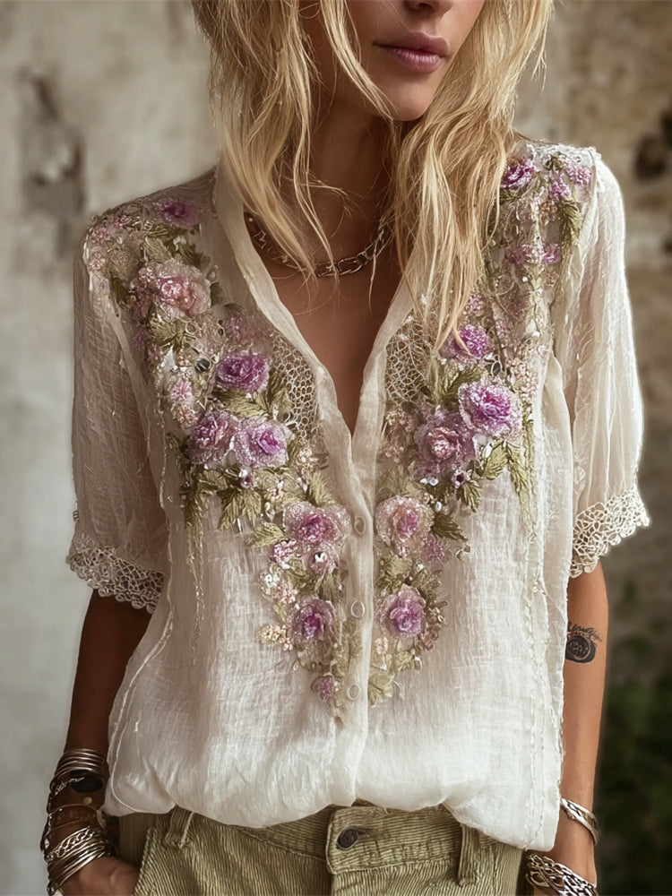 Boho Lace Floral Embroidery Women's Linen V-neck Short Sleeve Shirt elevenforest
