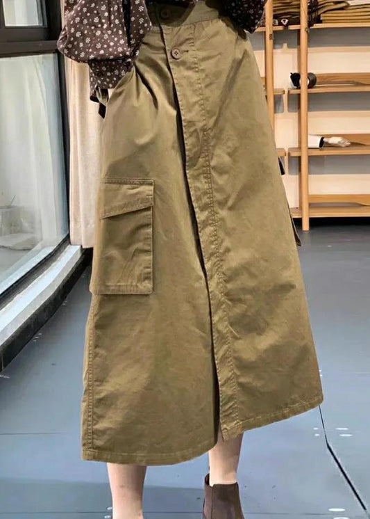 Khaki Button Pockets Patchwork Cotton Skirt Fall