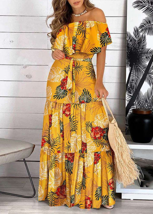 Yellow Cold Shoulder Print Wrinkled Maxi Dress Short Sleeve