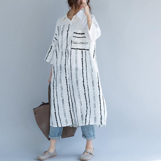 White Cotton Dress Clothing Dresses Bracelet Sleeved Patchwork Turn-down Collar Striped Cotton Dresses