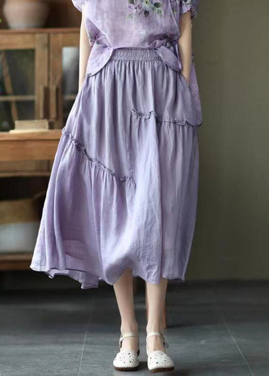 Purple Elastic Waist Asymmetrical Ruffled Pockets Linen Skirt Summer
