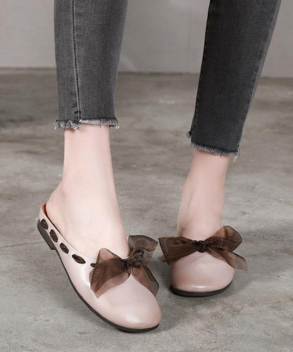 Lace Up Flat Shoes Brown Cowhide Leather Slippers