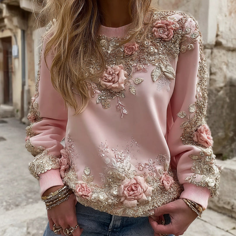 Women's Pink Rose Embroidery Art Round Neck Long Sleeve Sweatshirt elevenforest