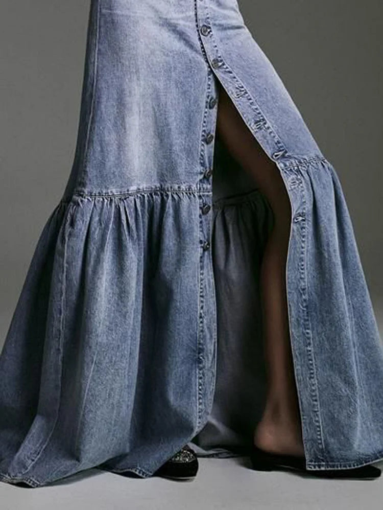 Plain Spliced Pleated Slit Hem Denim Skirt