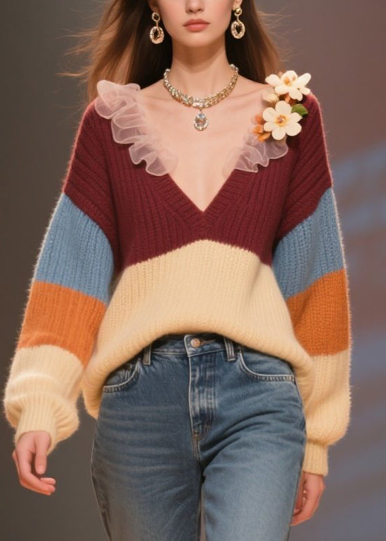Colorblock V Neck Knit Short Sweater Winter