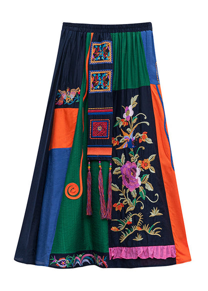 Stylish Blue Embroideried Tassel Elastic Waist Maxi Skirt Summer