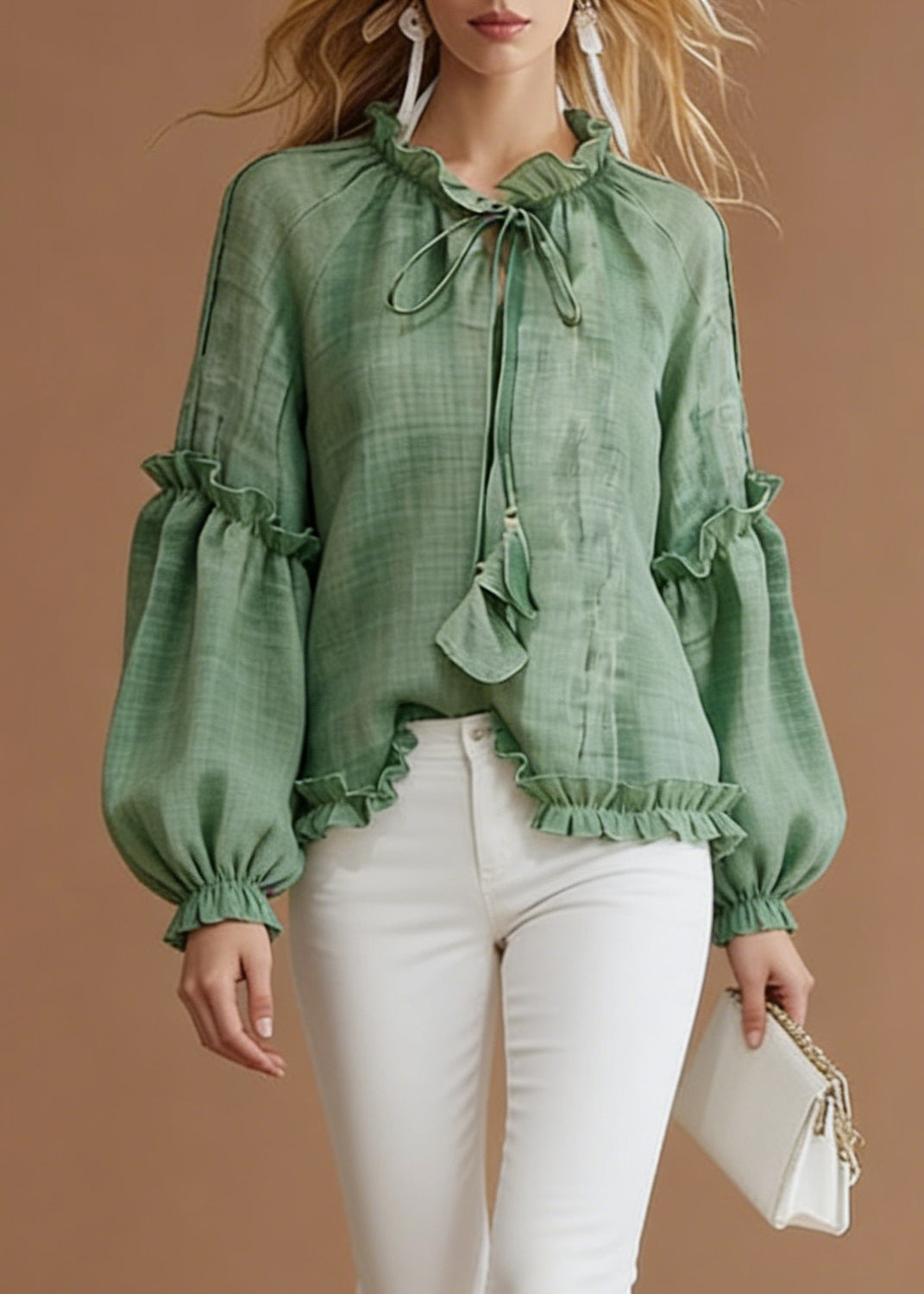 Green Lace Up Cotton Blouse Top Ruffled Spring