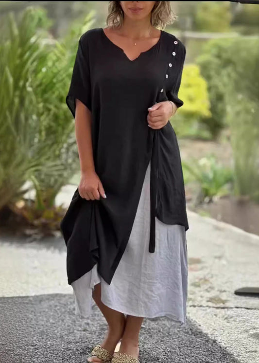 Black V Neck Asymmetrical Patchwork Cotton Dress Summer