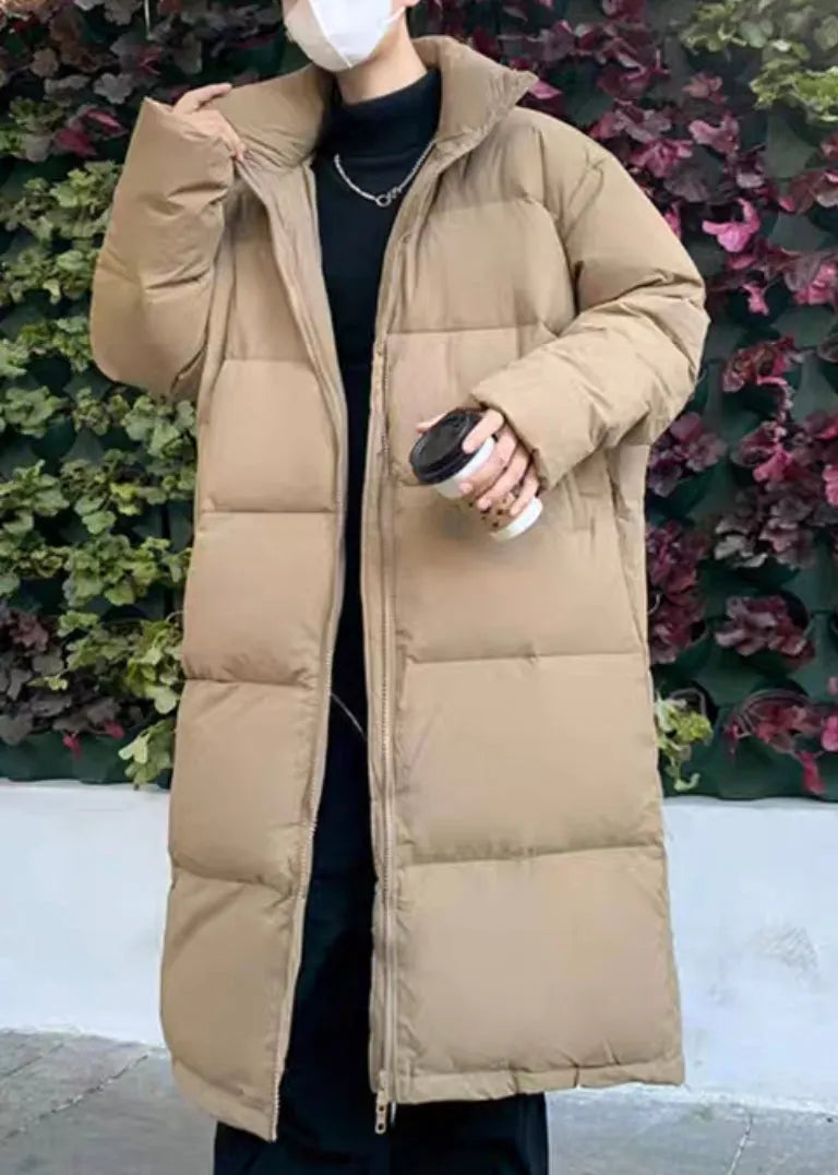 Simple Khaki Zip Up Pockets Duck Down Down Long Coats Winter