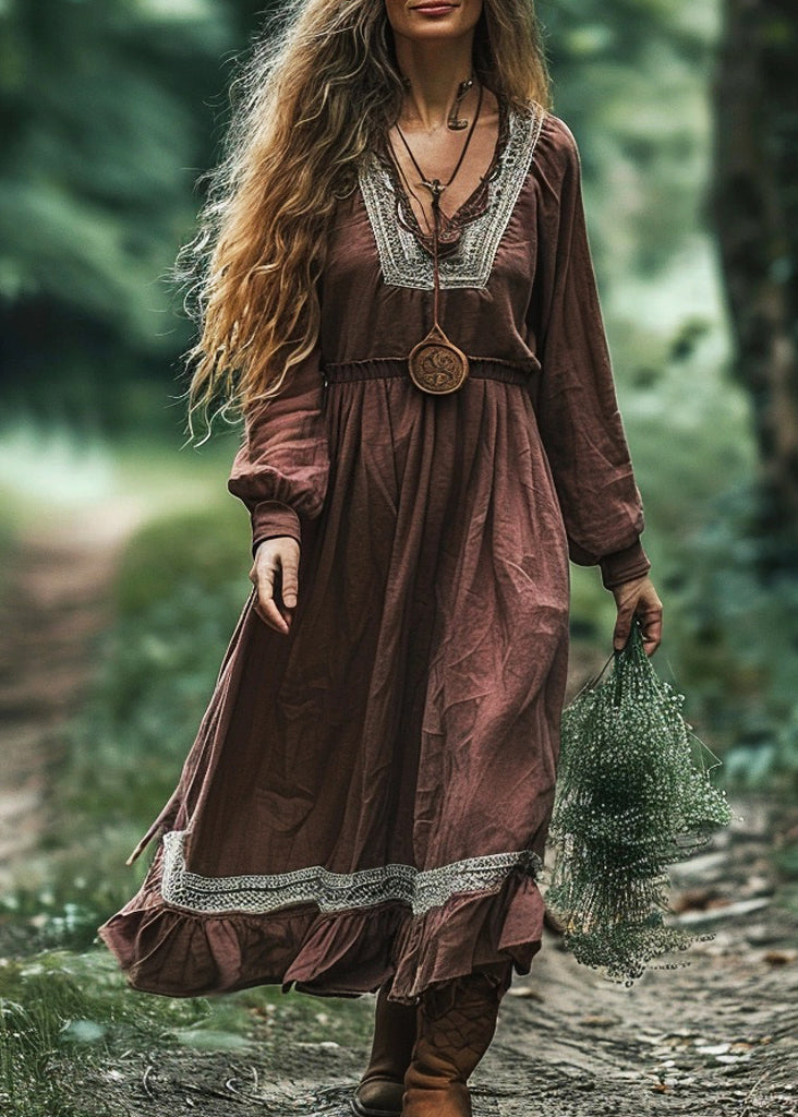 Coffee V Neck Patchwork Cotton Long Dress Spring